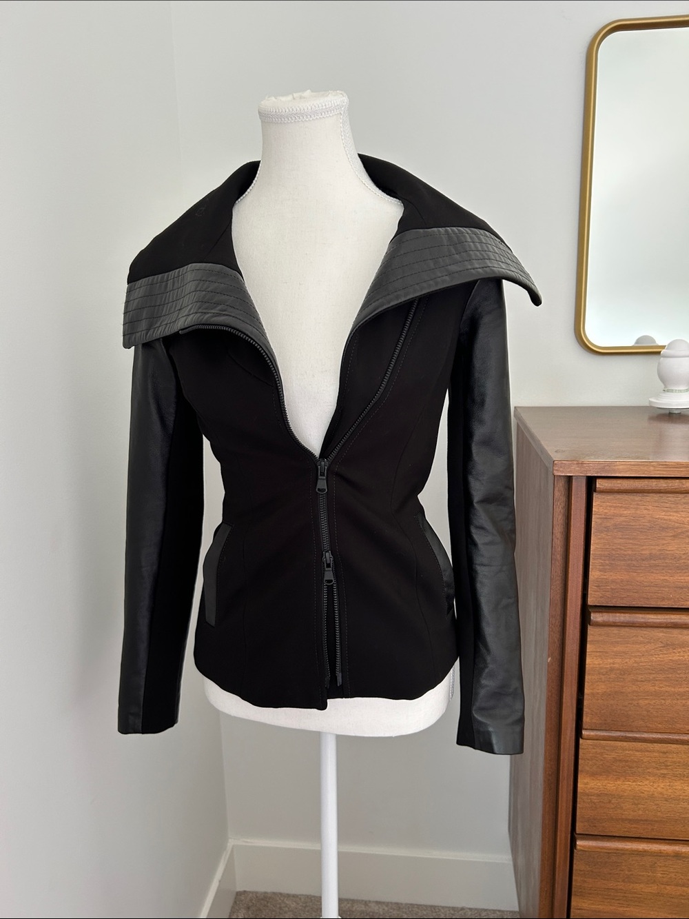 Black Women's Zip-Front Jacket with Leather Sleeves